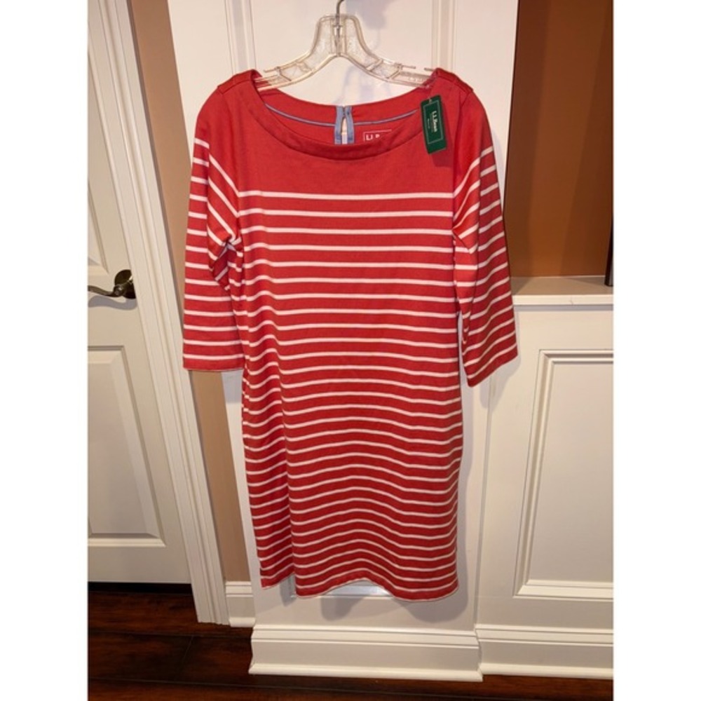 L.L.Bean Women's Red White Striped Heritage Knit Dress 3/4 Sleeve Casual new